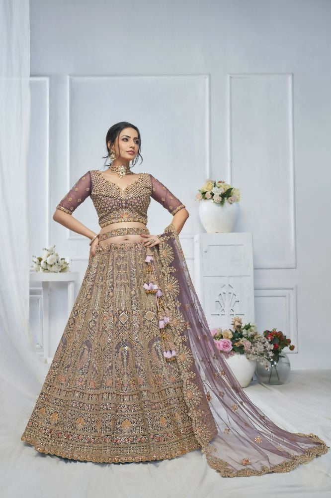 Kesar Fab Purple Net Embroidered Lehenga | Grocsy