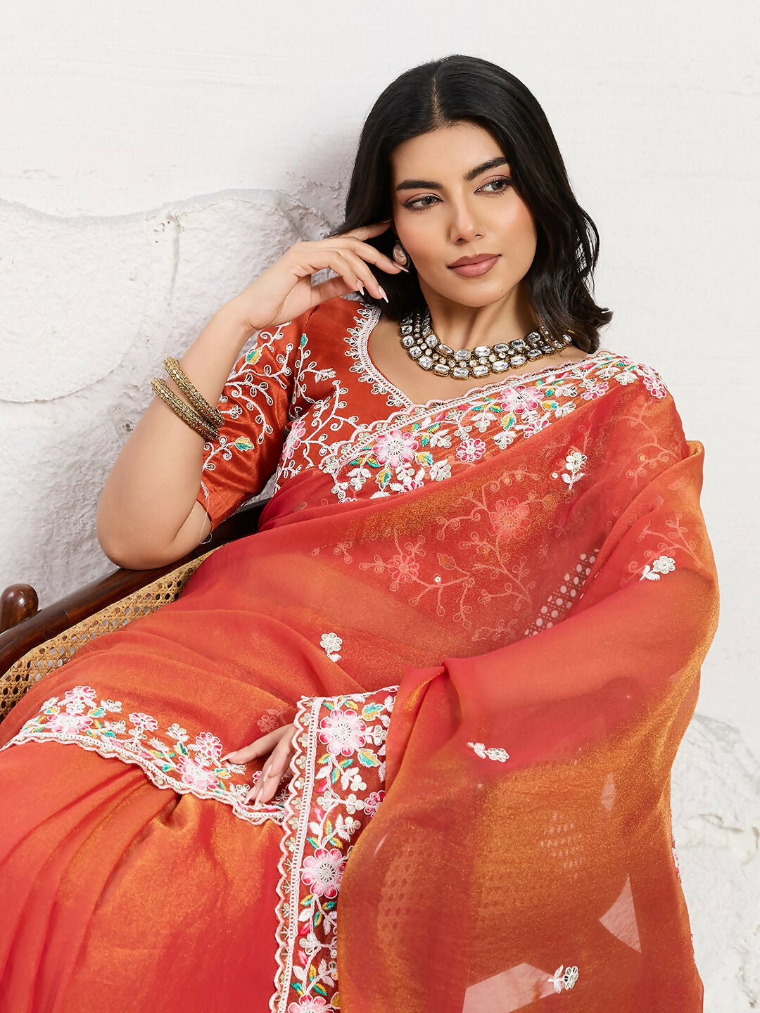 Teeya Creation New Trendy Wedding Special Party Wear Soft Nxc Moss Chiffon Saree-Orange | Grocsy