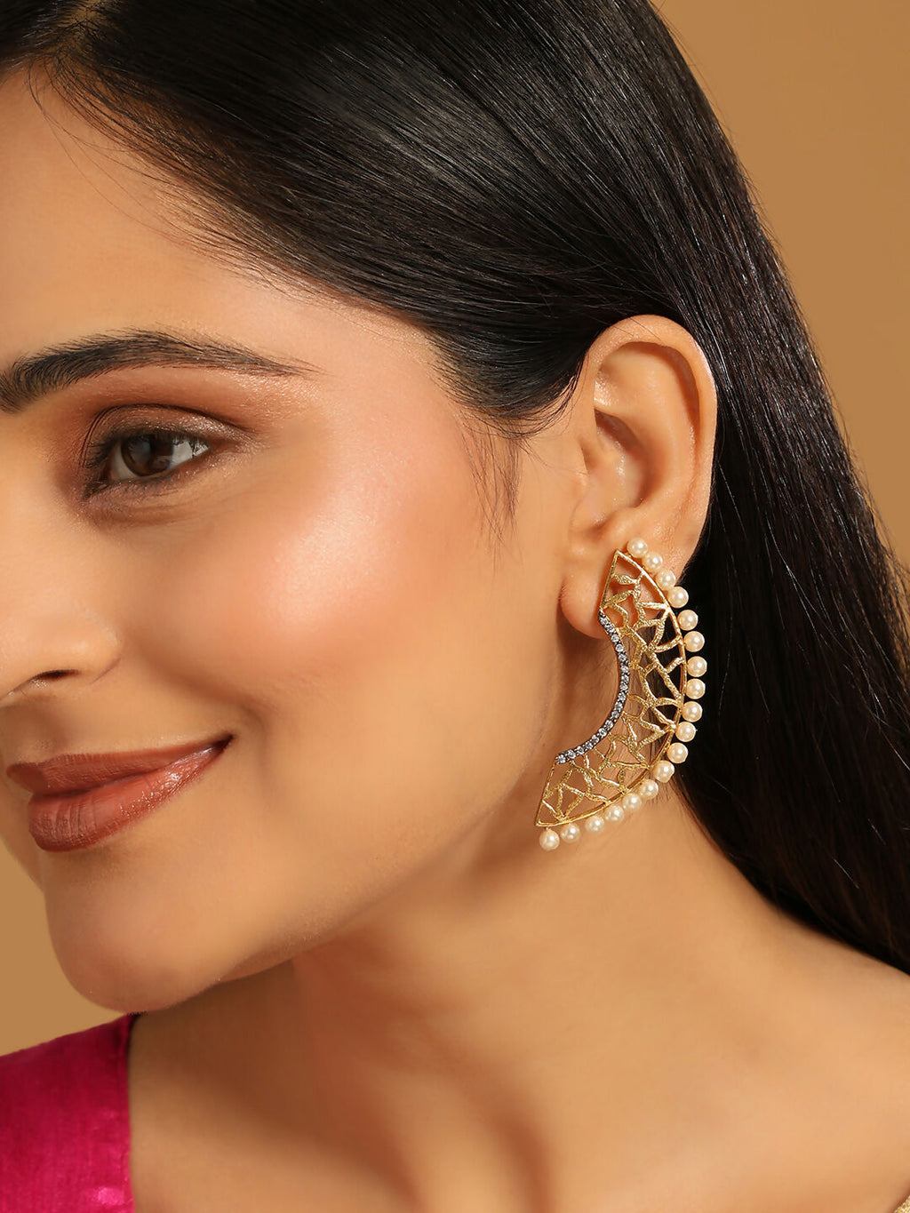 Nuyug 22K Gold-Plated Zircon Studded & Pearl Beaded Contemporary Shaped Statement Stud Earrings | Grocsy