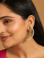 Nuyug 22K Gold-Plated Zircon Studded & Pearl Beaded Contemporary Shaped Statement Stud Earrings | Grocsy