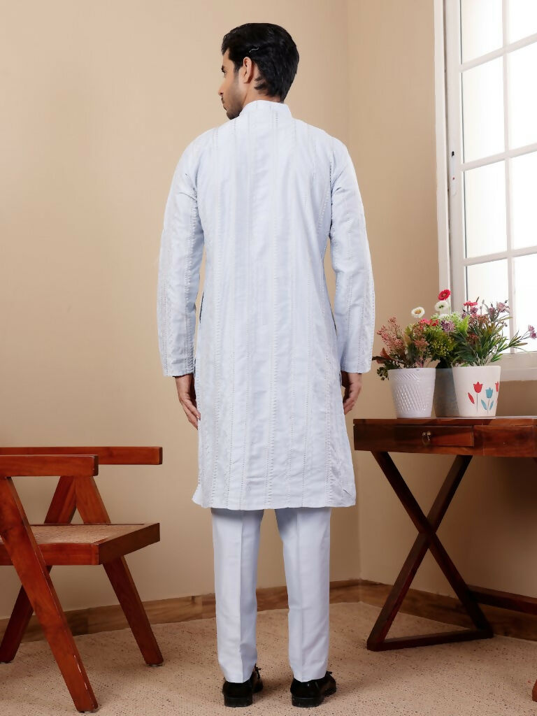 Light Blue Silk Designer Embroidery Work Men's Rajwadi Kurta Set - Mahotsav | Grocsy