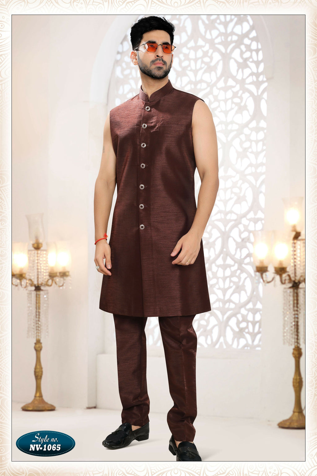 Joban Fashion Men's Skin Brown Straight Silk Thread And Sequence Embroidery All Over 3 Pc Kurta Set | Grocsy