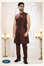 Joban Fashion Men's Skin Brown Straight Silk Thread And Sequence Embroidery All Over 3 Pc Kurta Set | Grocsy
