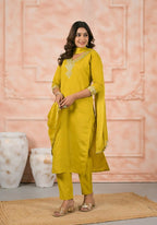 Ethnic Festive Wear Chanderi Yellow Stitched Suit With Dupatta - Anbazaar | Grocsy