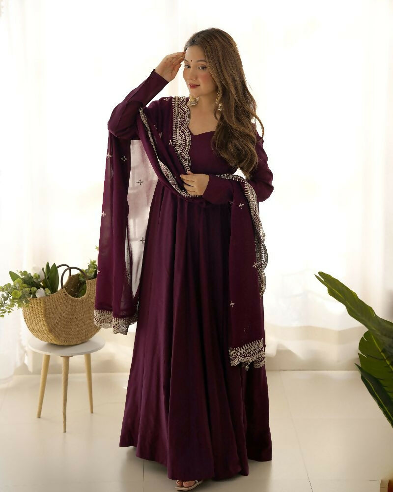 Joban Fashion Wine Kurta Set Chanderi Sequence Embroidery Work | Grocsy
