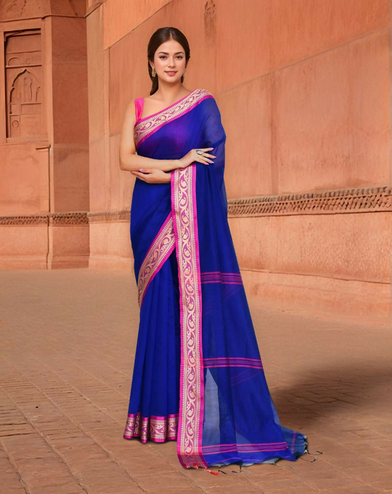 Joban Fashion Women Blue & Pink Trendy Cotton Saree | Grocsy