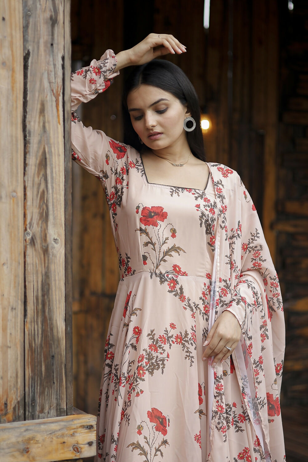 Aayaa Designer Printed Georgette Full Flare Gown With Dupatta - Multi Color | Grocsy