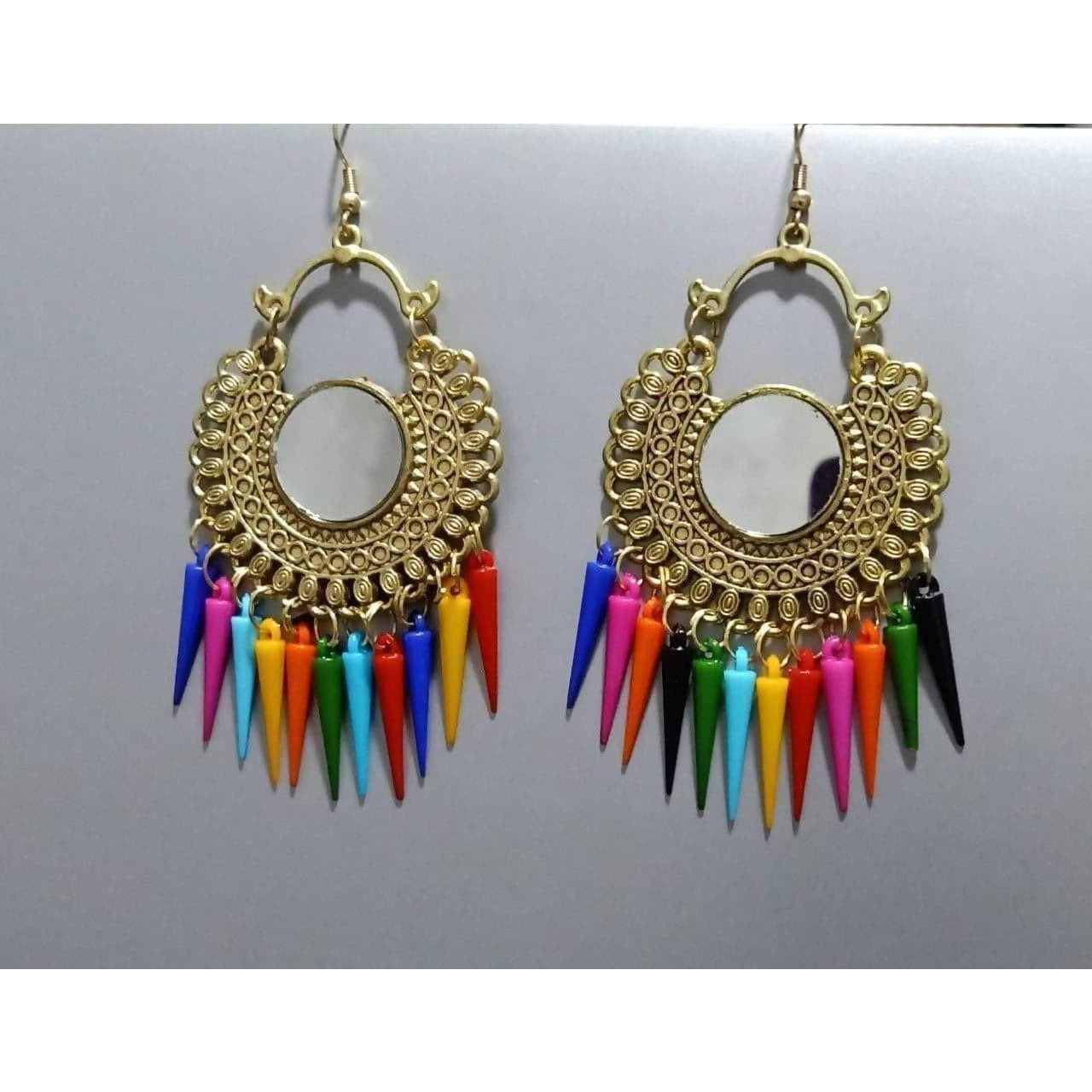 MS Fashion India Gold Color Latest Design Chandbali Mirror Multi Color Alloy Drops Tassel Earrings | Grocsy