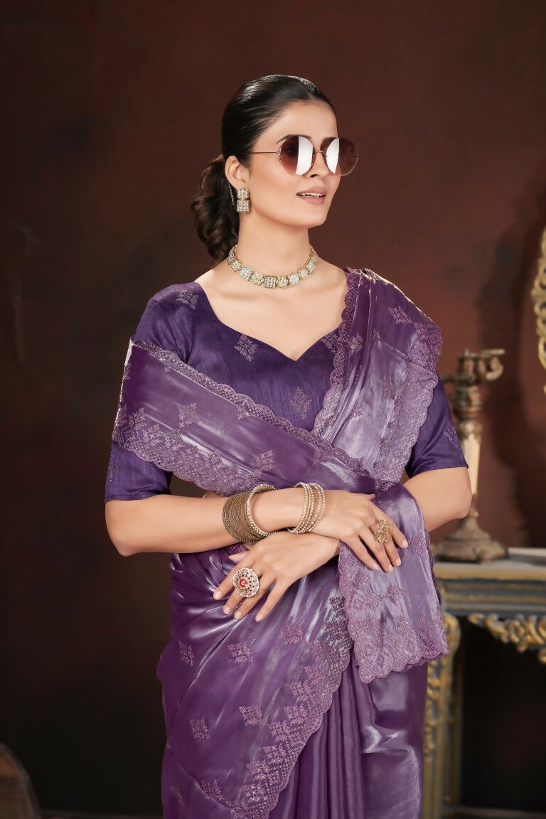 Vastranavya Lavender Jimmy Choo Silk 3mm Sequence work with Cross Stitch Embroidery work & Cutwork Border Saree | Grocsy
