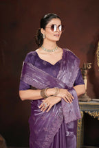 Vastranavya Lavender Jimmy Choo Silk 3mm Sequence work with Cross Stitch Embroidery work & Cutwork Border Saree | Grocsy