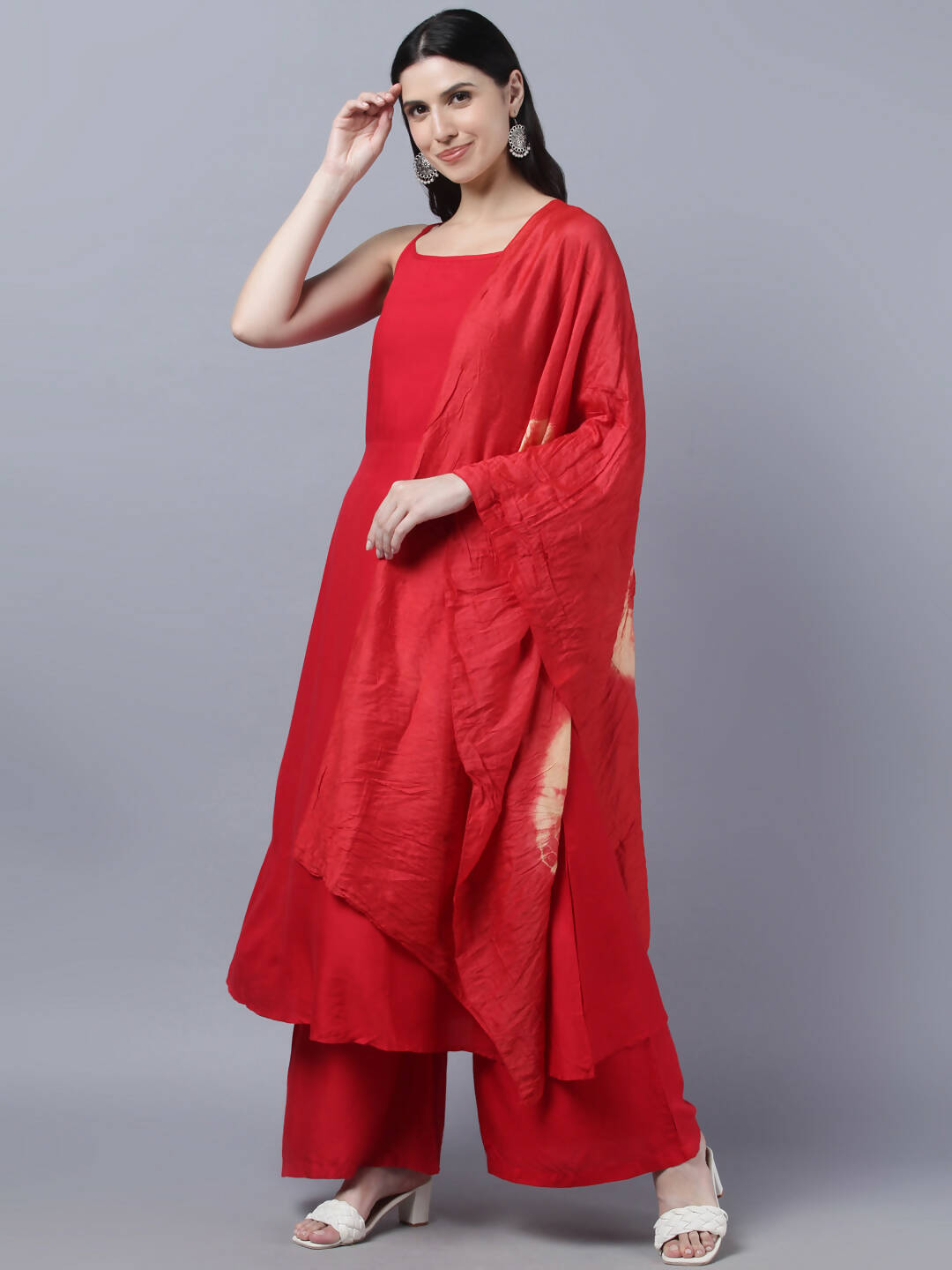 Myshka Women Red High Slit Kurta with Palazzos With Dupatta | Grocsy