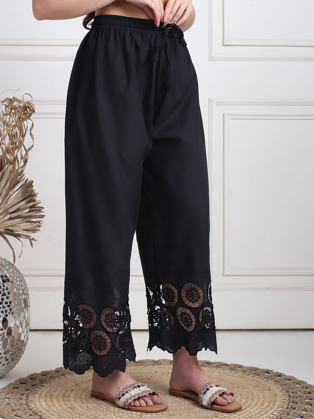 TAG 7 Women Floral Hem Design Flared Ethnic Palazzos | Grocsy