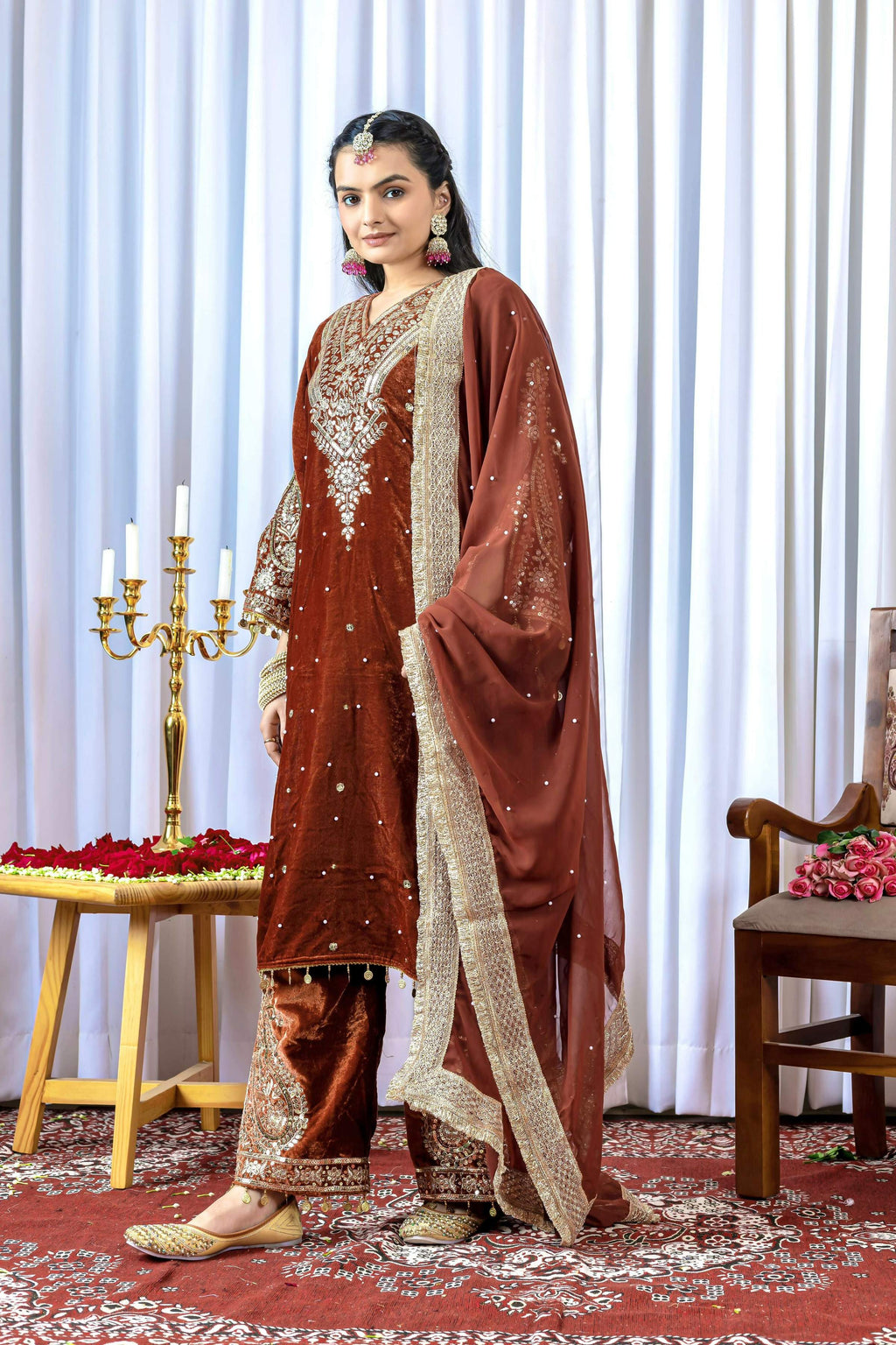 Joban Fashion Rust Brown Velvet Embroidery Kurta Set | Grocsy