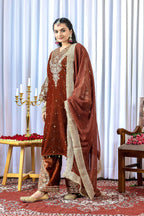 Joban Fashion Rust Brown Velvet Embroidery Kurta Set | Grocsy