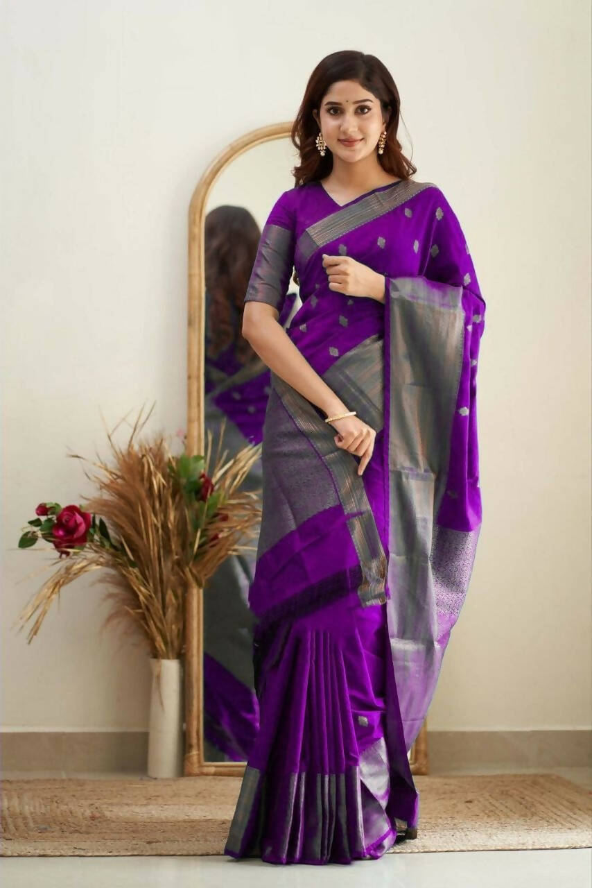 DEIANA'S Beautiful Designer Golden zari Soft Lichi Silk Saree - Purple | Grocsy