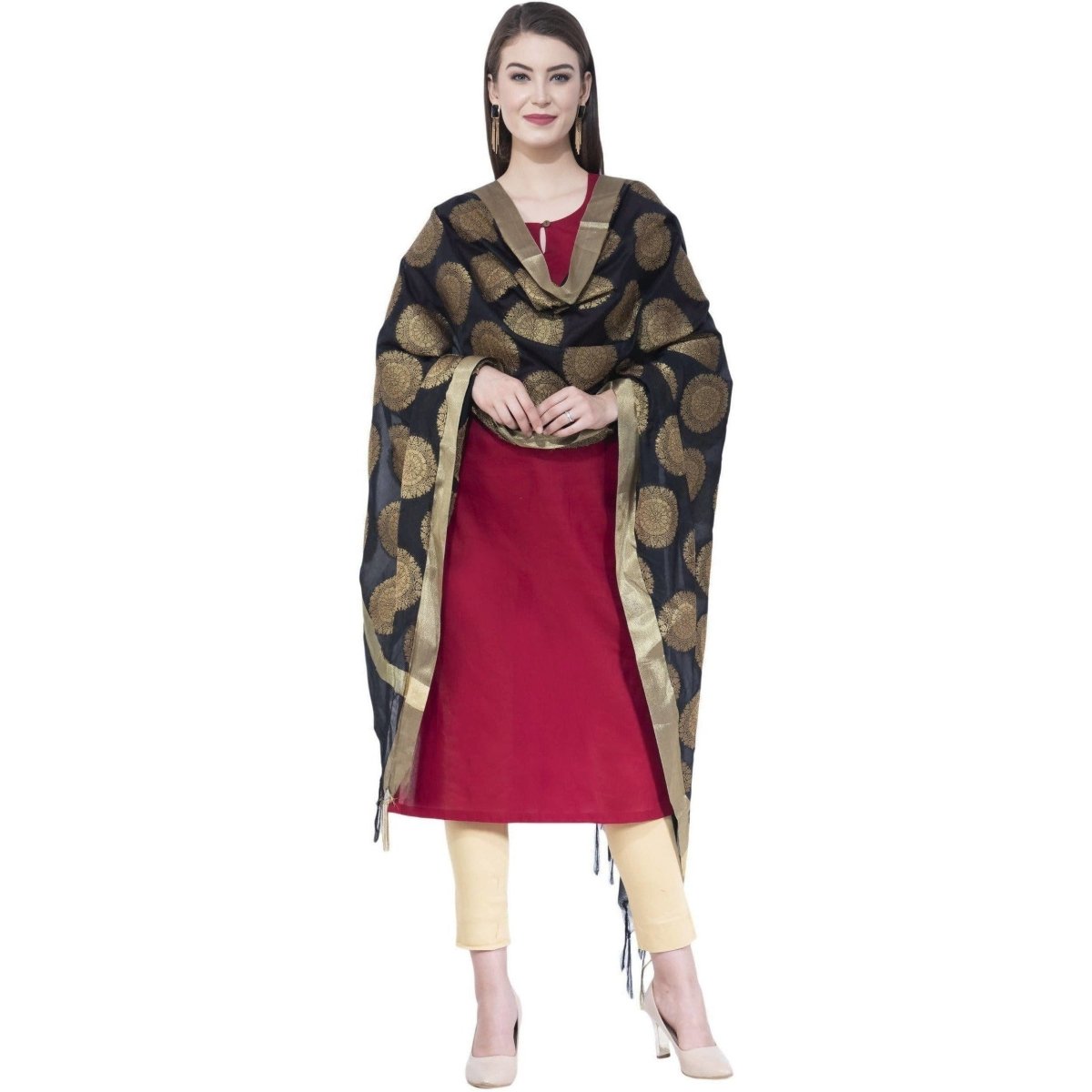 A R Silk Women's Zari Embroidery Vanarsi Silk Black Dupattas and Chunnis | Grocsy