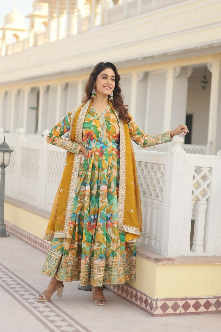 Jyoti Fashion Women's Green Russian Silk Sequins Zari Embroideredy Anarkali Dress with Dupatta | Grocsy