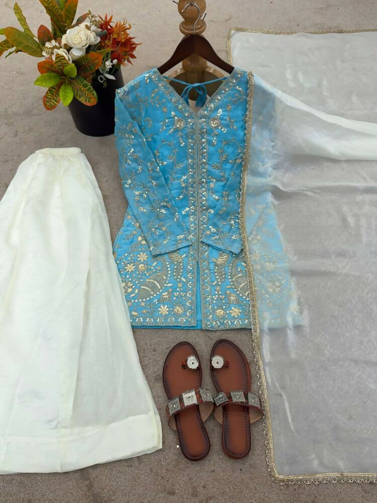 Teeya Creation Blue And White Color Fendy Silk Embroidery Work Wedding Wear Salwar Suit | Grocsy