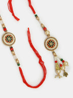 NVR Women & Men Set of 2 Gold-Toned Stone-Studded & Beaded Bhaiya Bhabi Rakhi With Roli Chawal & Chocolate | Grocsy
