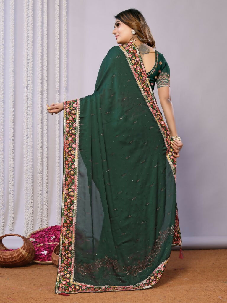 Green Silk Georgette Resham And Zari Embroidery Stone Handwork Saree - Norita Saumya | Grocsy