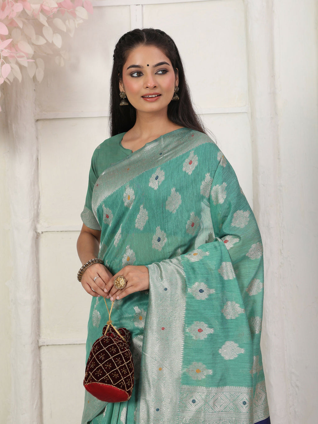 Shree Shyam Fashion Linen Cotton Rama Green Saree | Grocsy