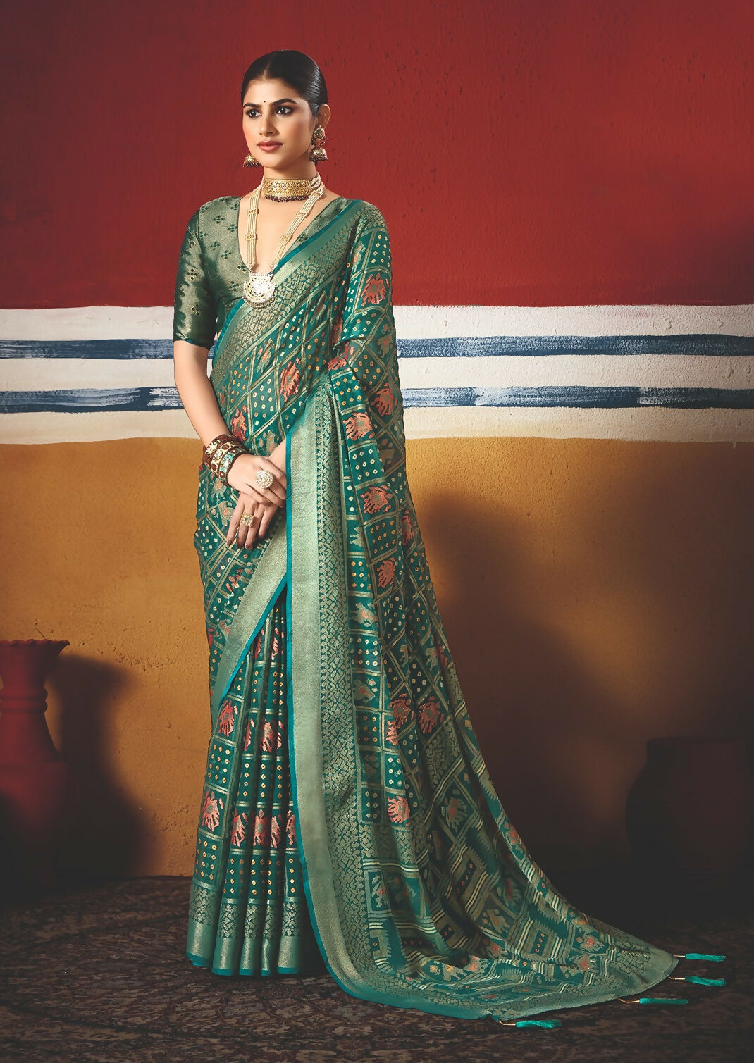 Joban Fashion Green Dull Moss Brasso Saree | Grocsy