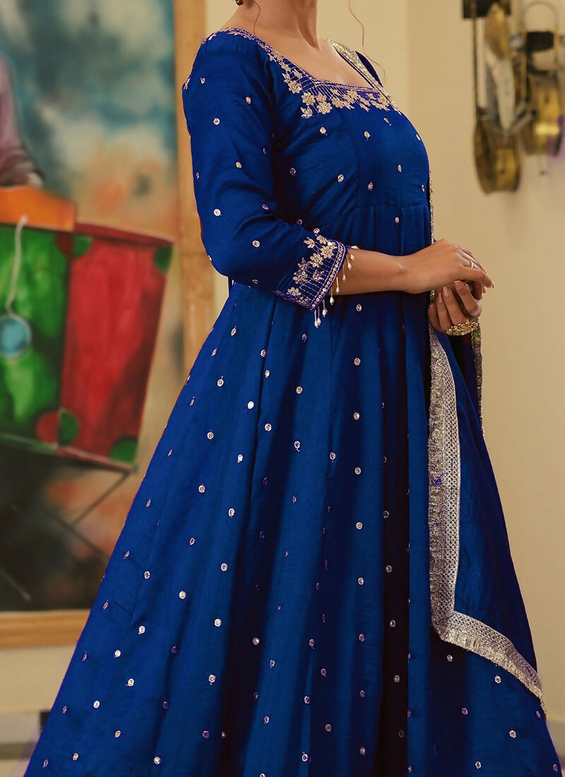 Teeya Creation Royal Blue Color Pure Vichitra Silk Embroidery Work Party Wear Gown | Grocsy