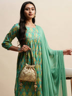 Sea Green Pure Cotton Bandhani Printed Naira Cut Kurta And Bottom With Dupatta - Akashara | Grocsy