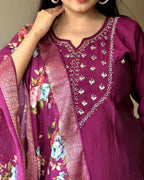 The52 Wine Women's Gorgeous Embroidered Rayon Fabric Straight Kurta Pant with Dupatta Set | Grocsy