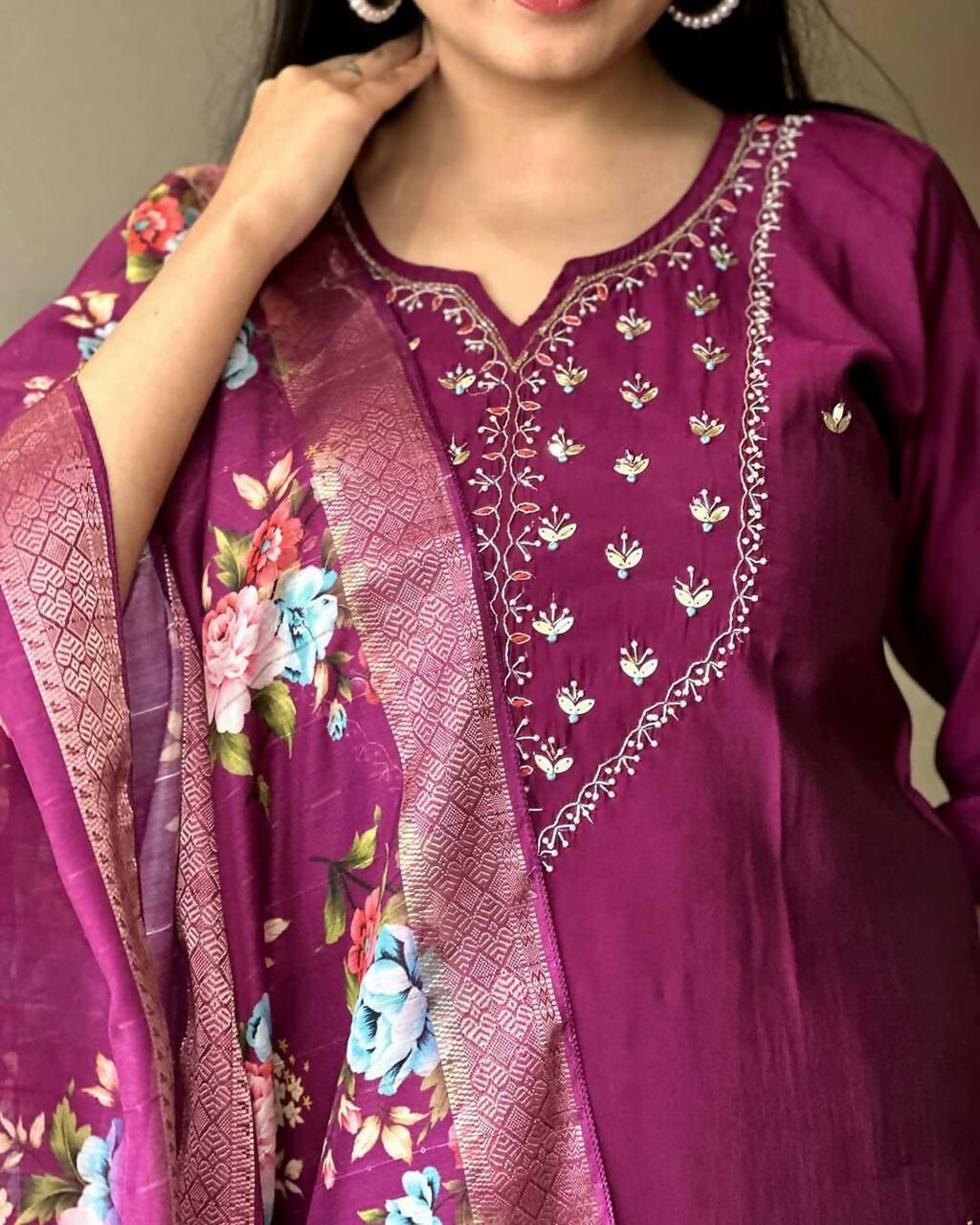 The52 Wine Women's Gorgeous Embroidered Rayon Fabric Straight Kurta Pant with Dupatta Set | Grocsy