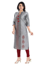 Snehal Creations Grey Raw Silk Block Print Long Kurta For Women | Grocsy