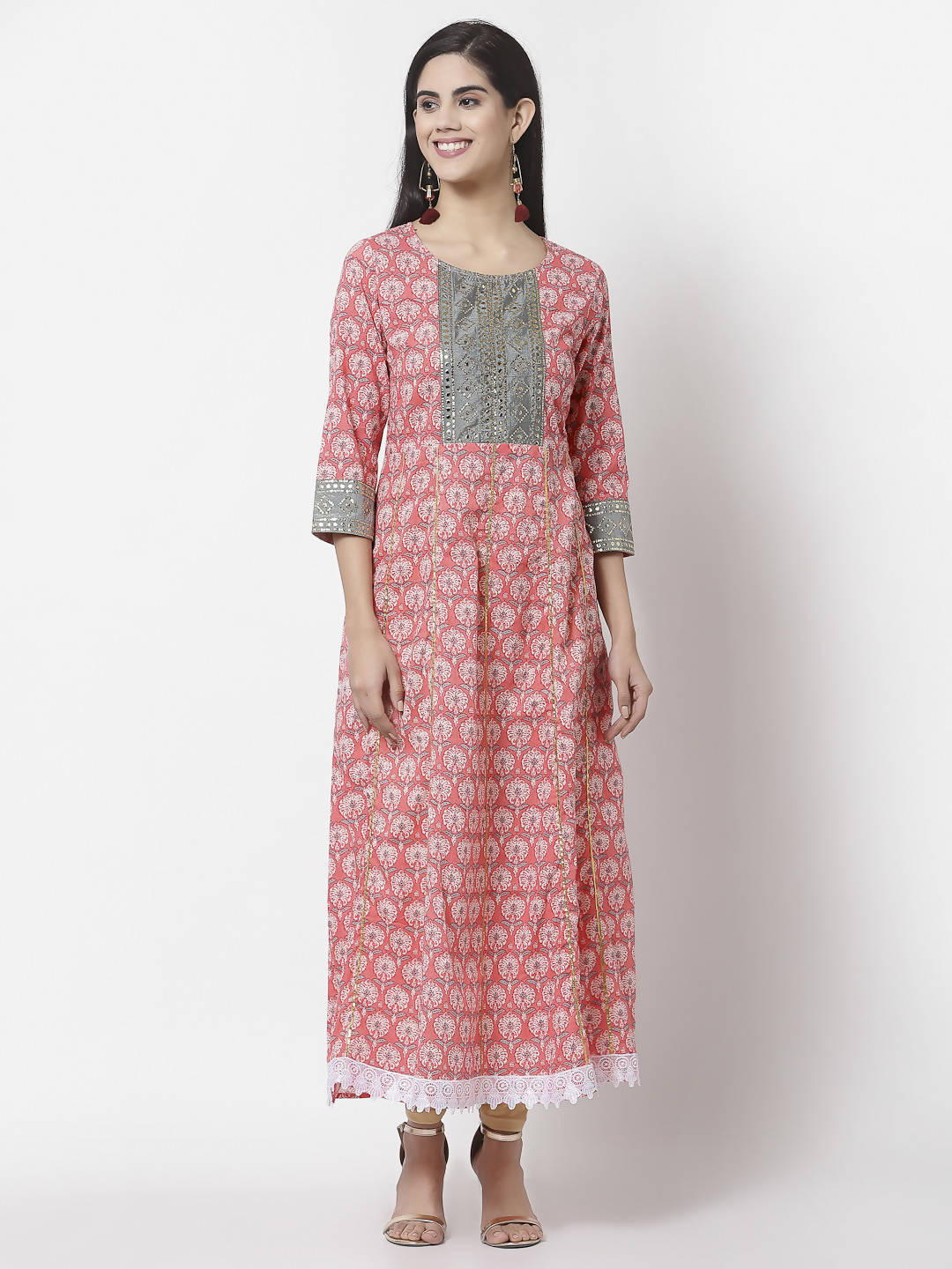 Myshka 3/4 Sleeve Pure Cotton Round Neck Printed Dress For Women | Grocsy