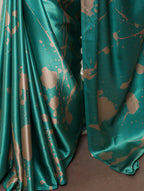 Vastranavya Sea Blue Satin Silk Printed Saree with a Natural Silk Unstitched Blouse | Grocsy