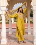 Jyoti Fashion Women's Yellow Cotton Silk Hand Work with Floral Printed Kurta Set | Grocsy
