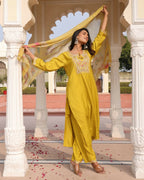 Jyoti Fashion Women's Yellow Cotton Silk Hand Work with Floral Printed Kurta Set | Grocsy