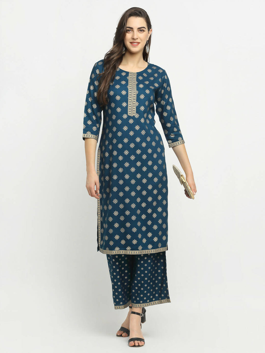Rudra Bazaar Stright Gold Printed Kurti With Palazzo | Grocsy