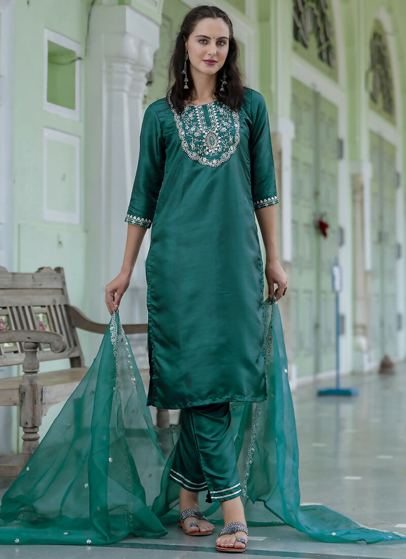 Vellora Green Silk Blend Casual Salwar Suit with Intricate Embroidery | Grocsy