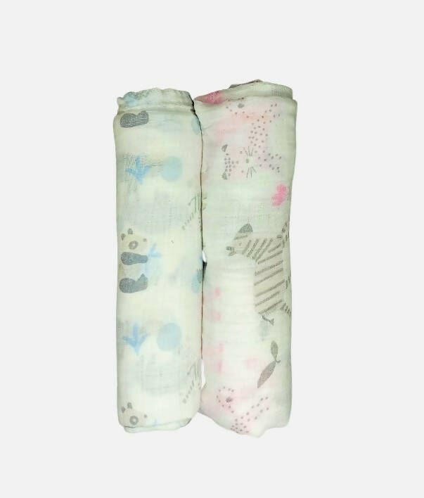 Kindermum Organic Cotton Muslin Swaddle Blanket 100 Cm X 100 Cm - Set Of 2 - Jungle Safari And Tiny Animals | Grocsy