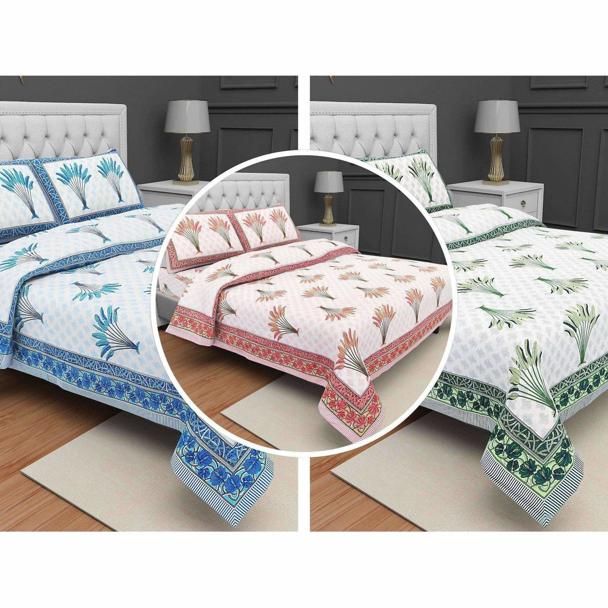 Jaipuri Hand Block Printed Traditional 144TC Cotton Double/Queen Bedsheet with 2 Pillow Covers | Grocsy