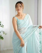 Georgette Designer Sequance Embroidery Work Party Wear Saree - Sky Blue | Grocsy