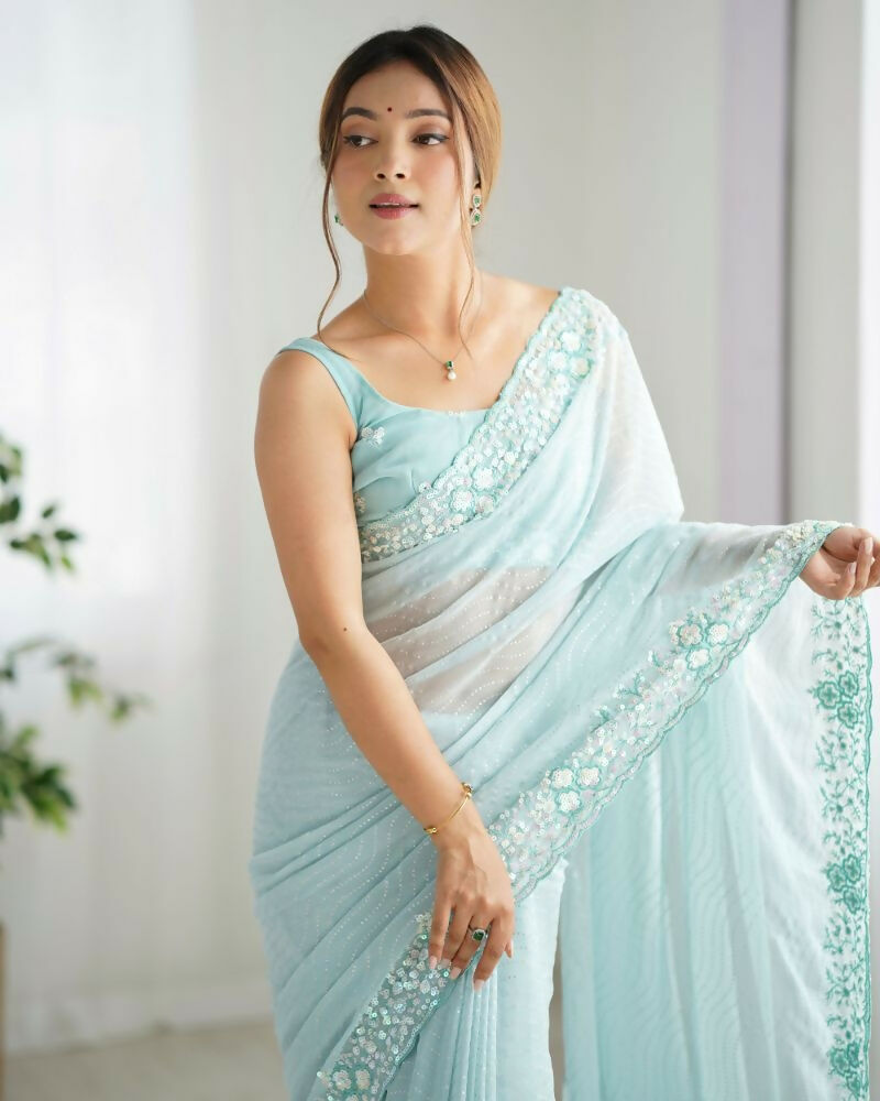 Georgette Designer Sequance Embroidery Work Party Wear Saree - Sky Blue | Grocsy
