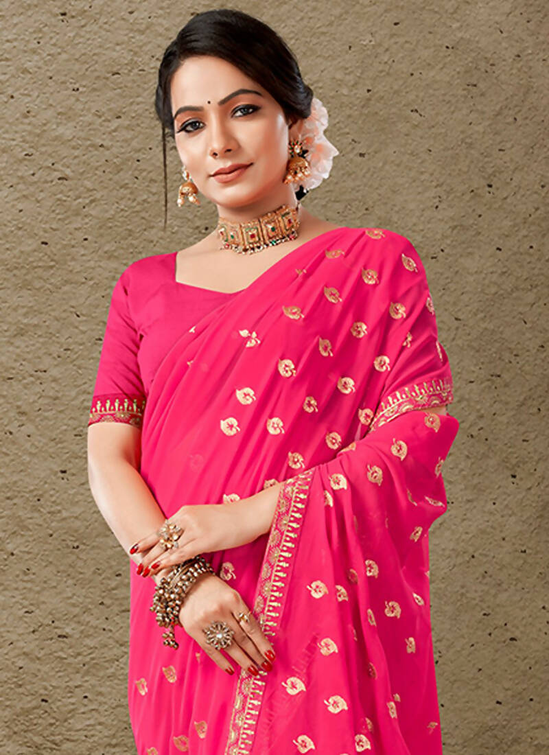 Pink Georgette Embroidered Saree with Unstitched Blouse Piece - Avika | Grocsy