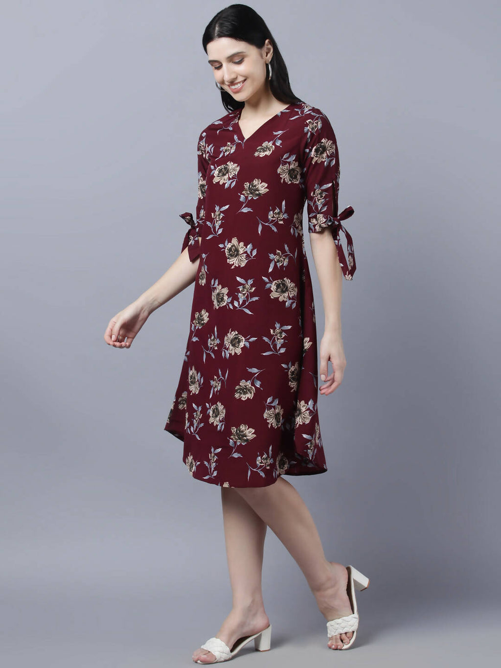 Myshka Women Burgundy Beige Floral Print A-line Dress | Grocsy