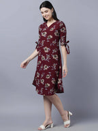 Myshka Women Burgundy Beige Floral Print A-line Dress | Grocsy