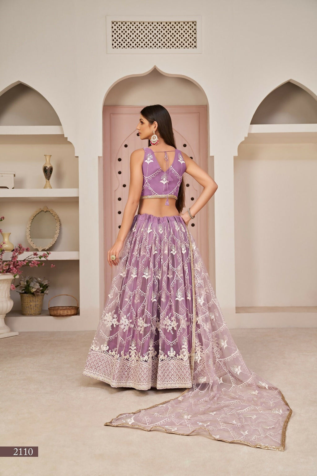 Eilara Women'S Lavender Butterfly Net White Cotton Thread And Zari Sequence Embroidered Work Lehenga Choli For Wedding | Grocsy