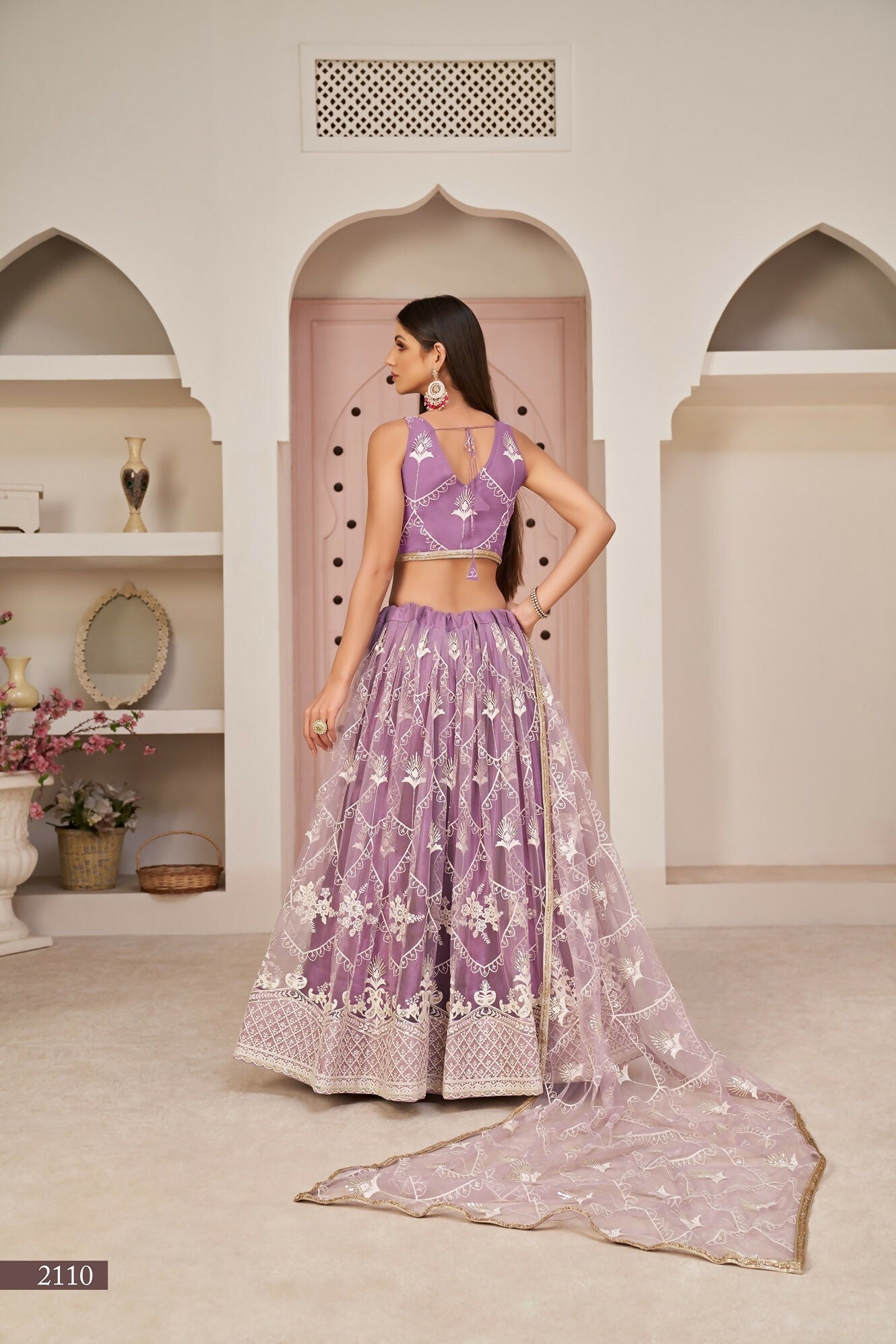 Eilara Women'S Lavender Butterfly Net White Cotton Thread And Zari Sequence Embroidered Work Lehenga Choli For Wedding | Grocsy
