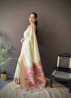 Joban Fashion Beige Jacquard Butti Soft Lichi Silk Paithani Saree | Grocsy