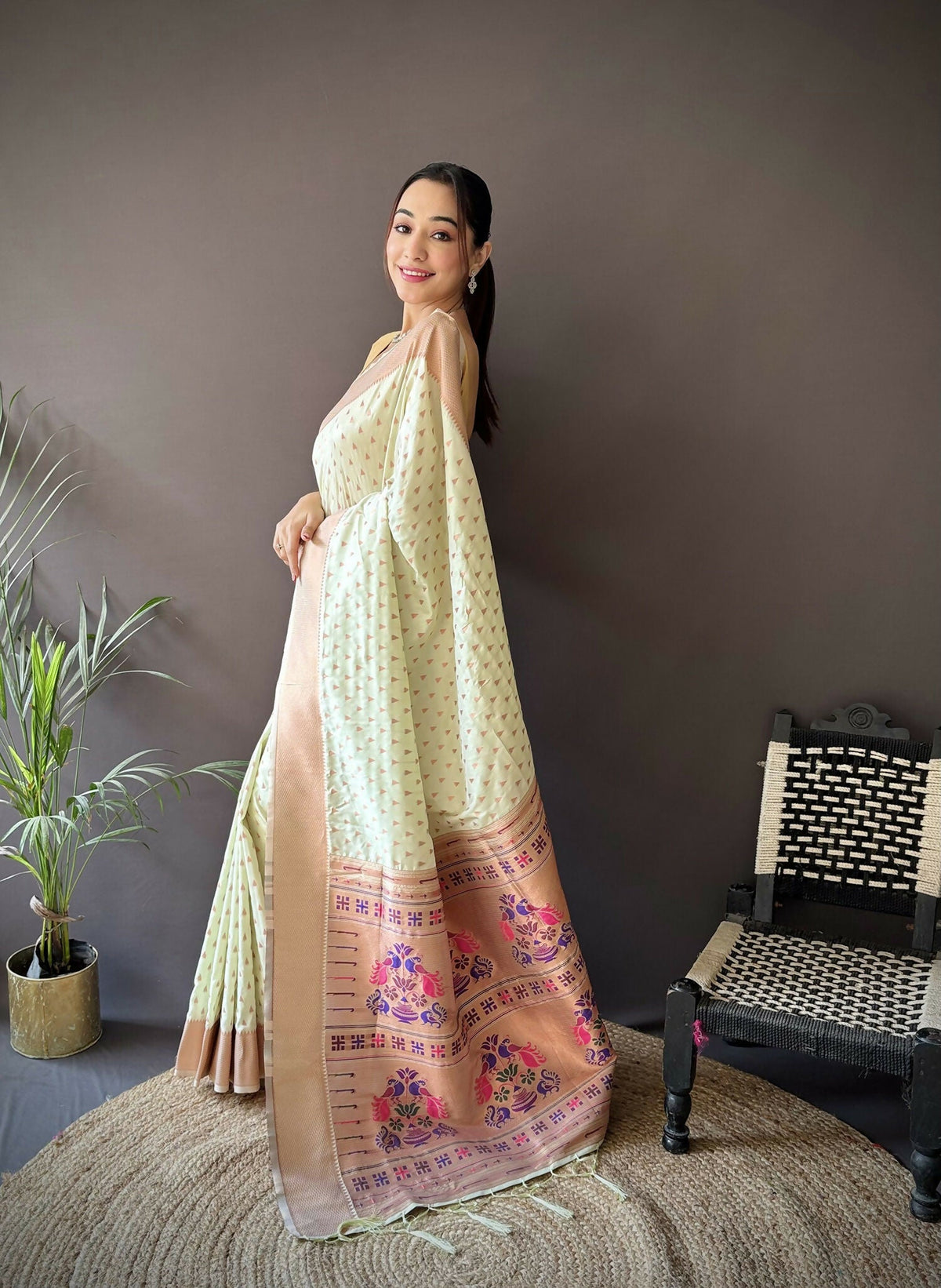 Joban Fashion Beige Jacquard Butti Soft Lichi Silk Paithani Saree | Grocsy