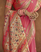 Vastranavya Pink Soft Paithani Silk Saree With Gold Zari Weaving Motifs With Matching Blouse Fabric | Grocsy