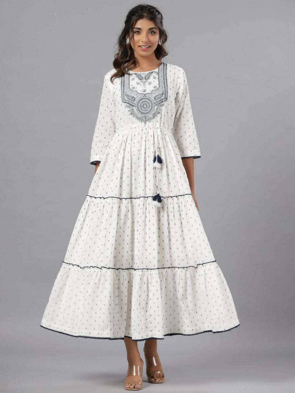 Juniper Women Off-White Cotton Dobby Embroidered Tiered Maxi Dress | Grocsy